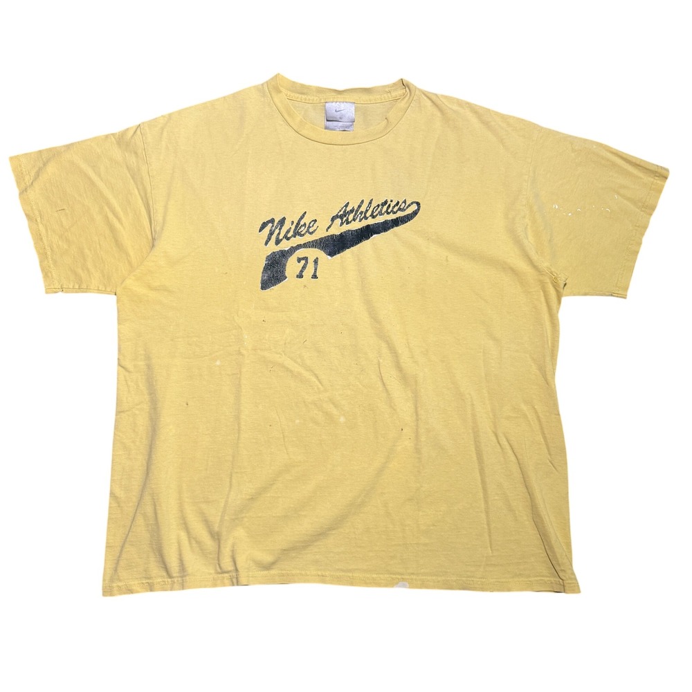 Vintage Nike Athletics 71 Distressed T-Shirt Mens XL/XXL Yellow USA Made